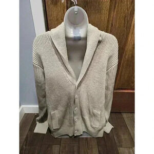 John Blair Cardigan Sweater Mens Sz Medium V Neck Button Knit Beige Gray